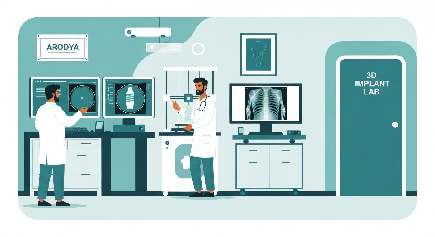 Indian orthopaedic surgeon examining 3D-printed titanium custom implant with African patient's CT scan on screen