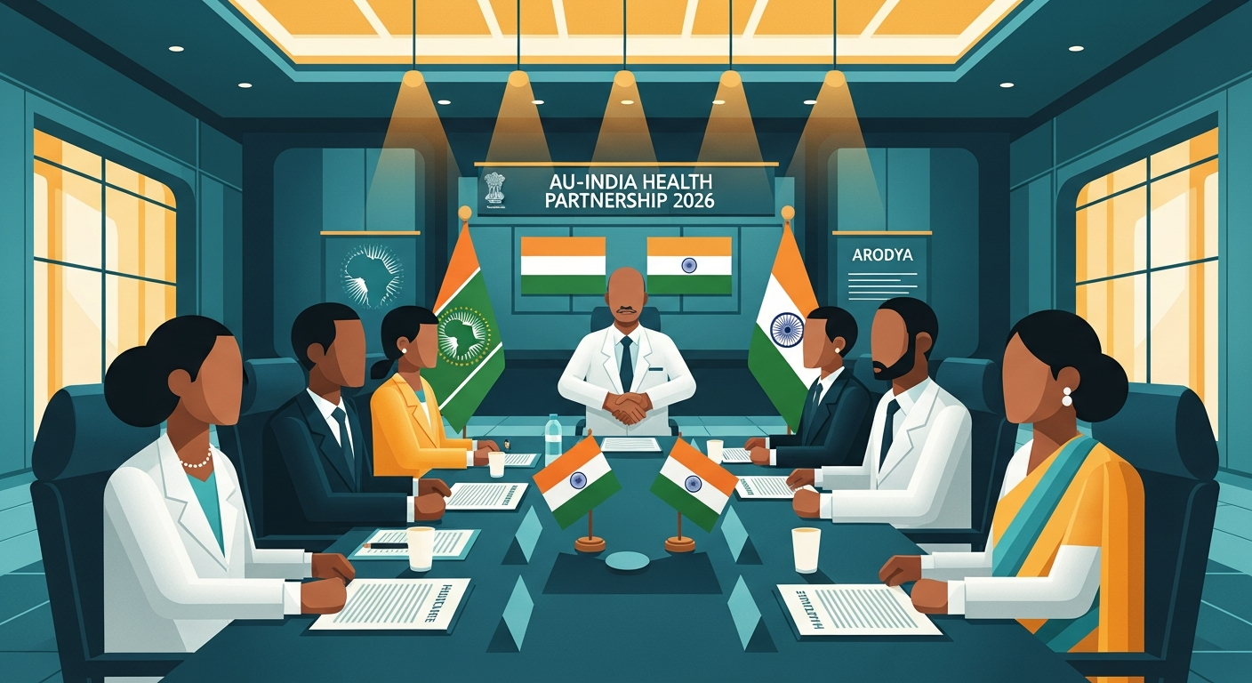 African Union and Indian health officials at diplomatic conference table with healthcare partnership documents and flags