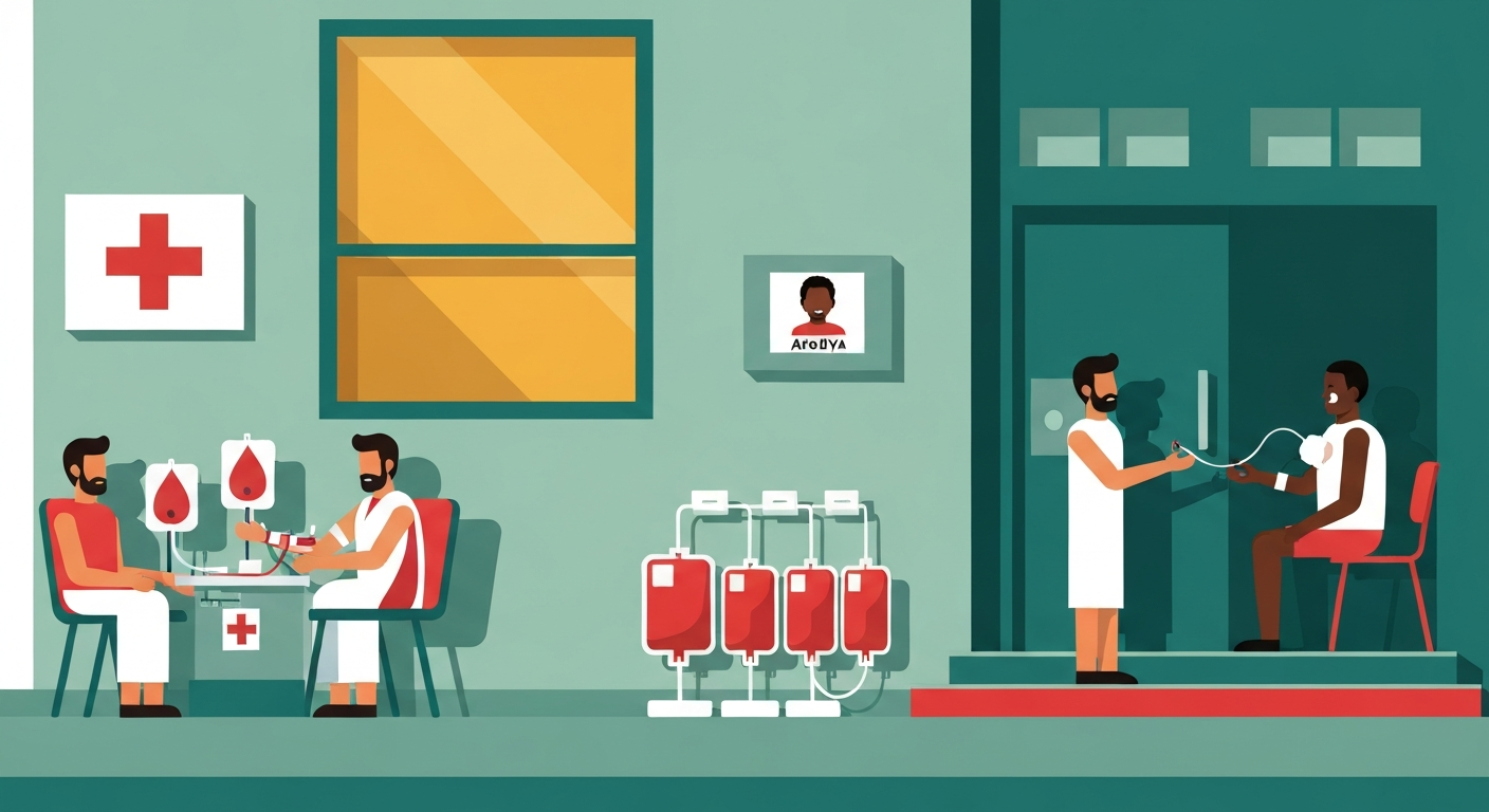 Indian blood bank with donor giving blood and international patient receiving life-saving transfusion, red cross symbol visible