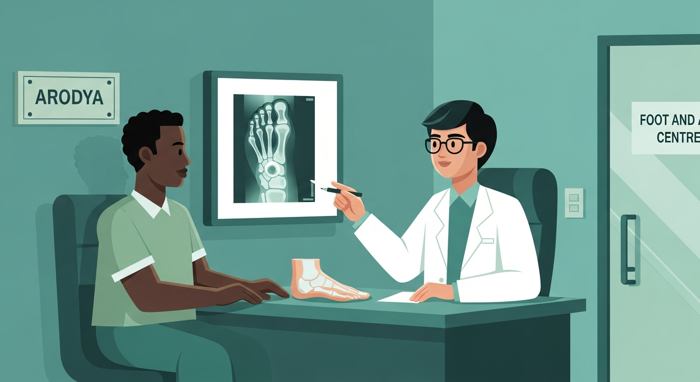 African patient in foot surgery consultation with Indian orthopaedic surgeon reviewing bunion X-ray