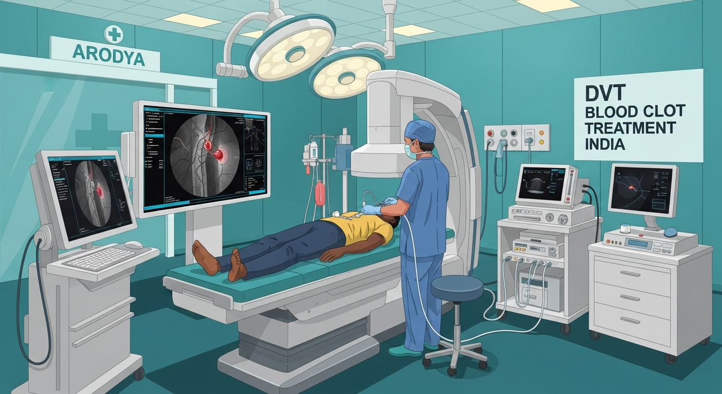 Indian interventional radiologist performing catheter-directed thrombolysis in vascular IR suite with African patient and fluoroscopy screen showing venous anatomy