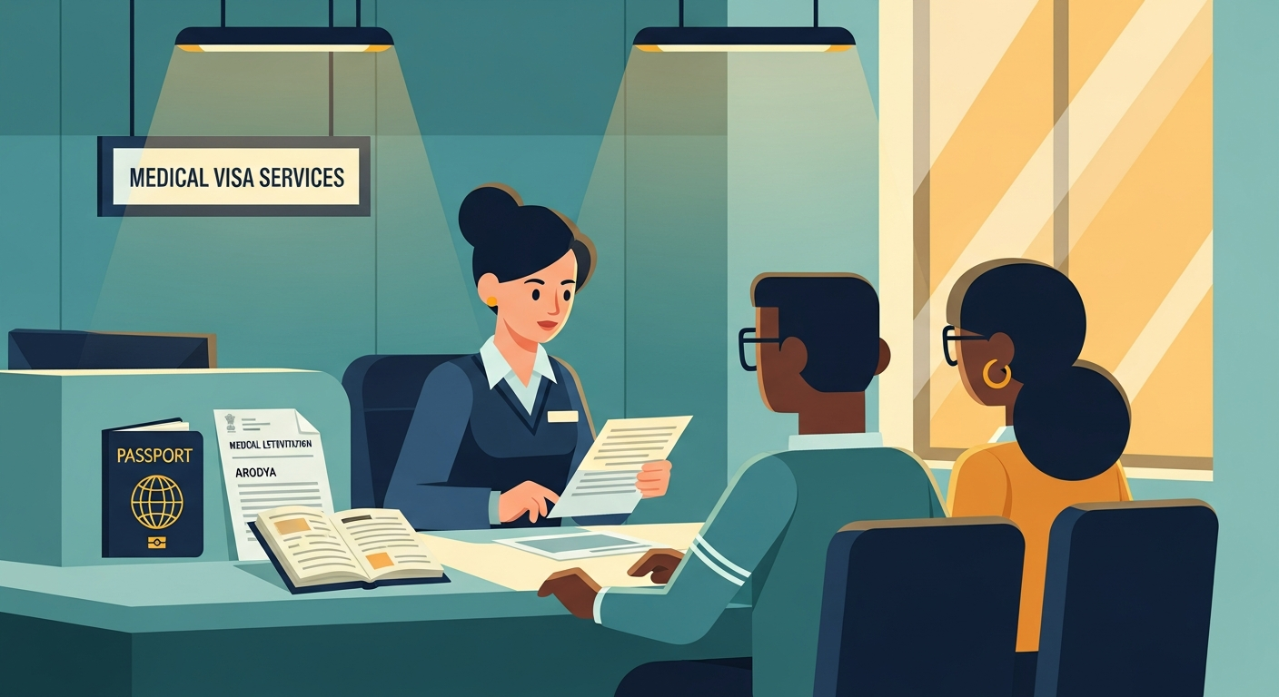 African patient with companion at Indian embassy visa application centre with documents and passports on counter