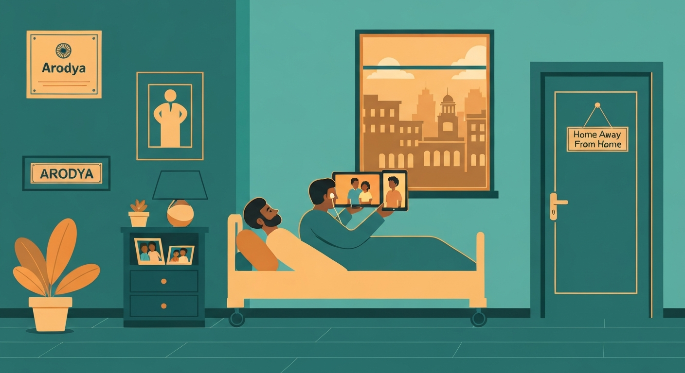 African patient in hospital guest room video calling family on tablet with warm homey touches in teal room