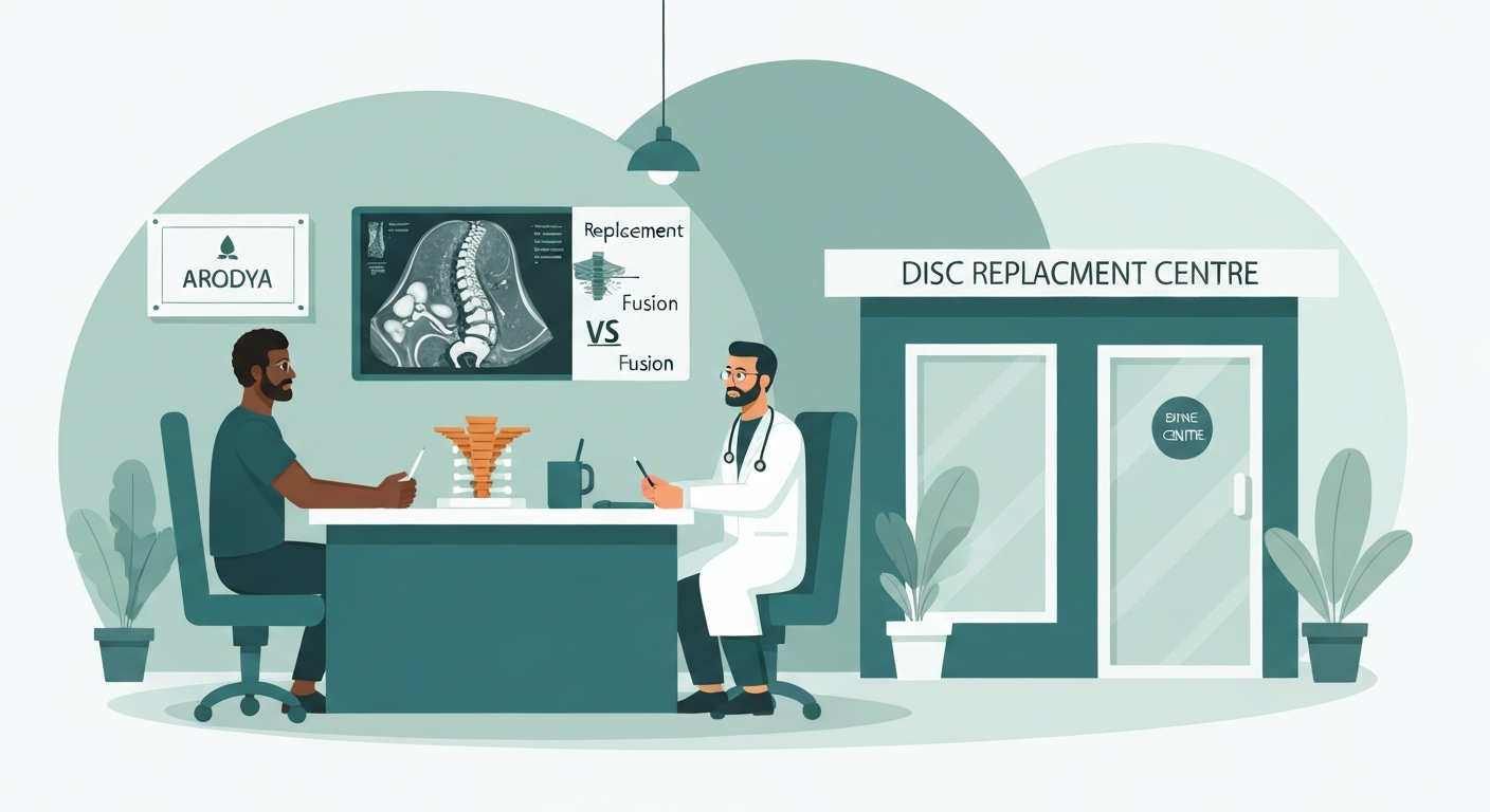 African patient in spine consultation with Indian neurosurgeon reviewing MRI and disc implant model at spine centre