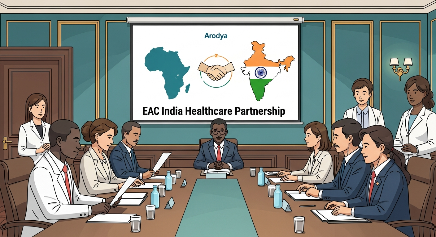 East African and Indian health representatives reviewing medical cooperation agreement in diplomatic meeting room with Arodya on screen