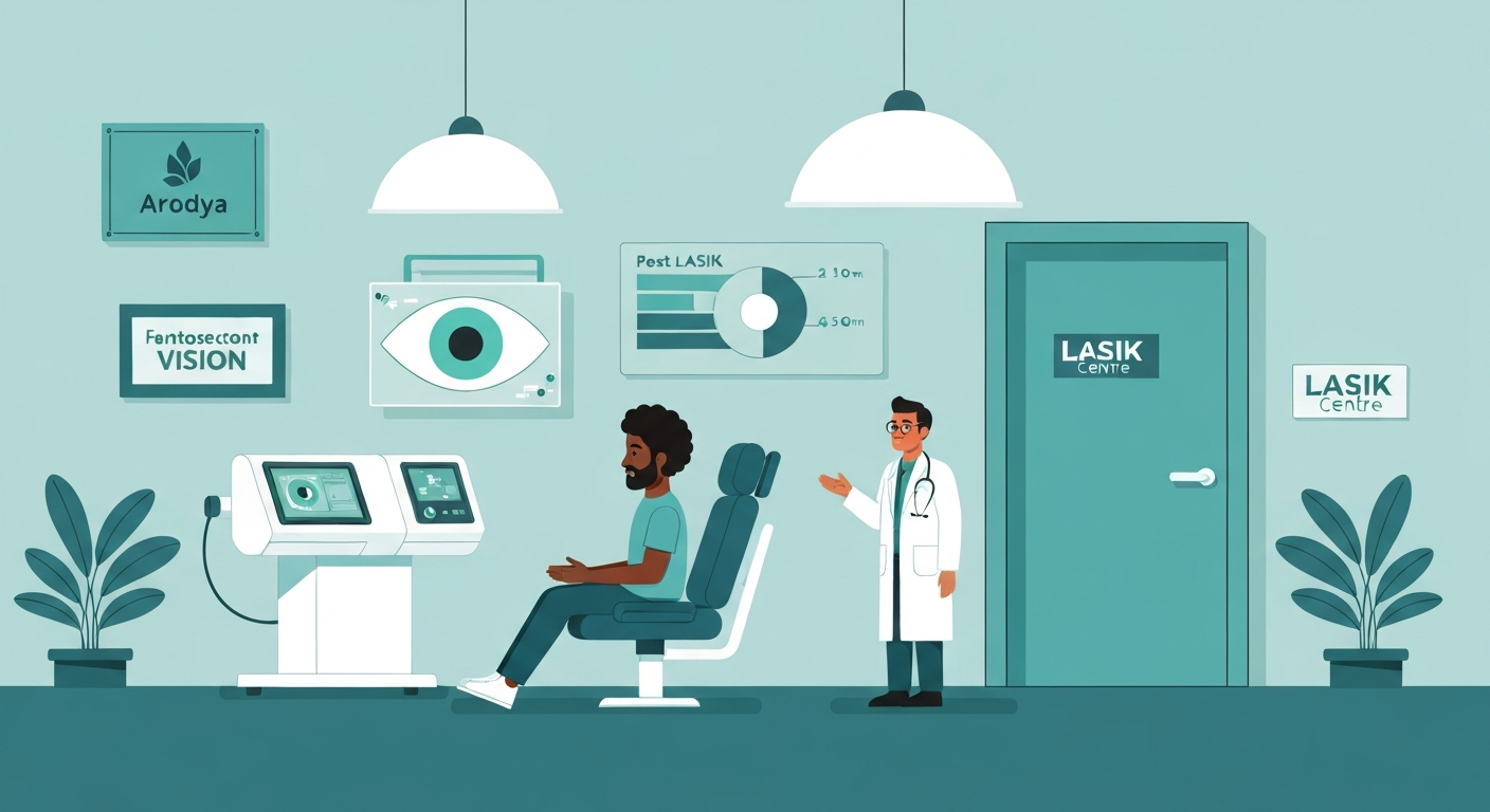 African patient in modern Indian LASIK centre with ophthalmologist and femtosecond laser equipment during vision correction consultation