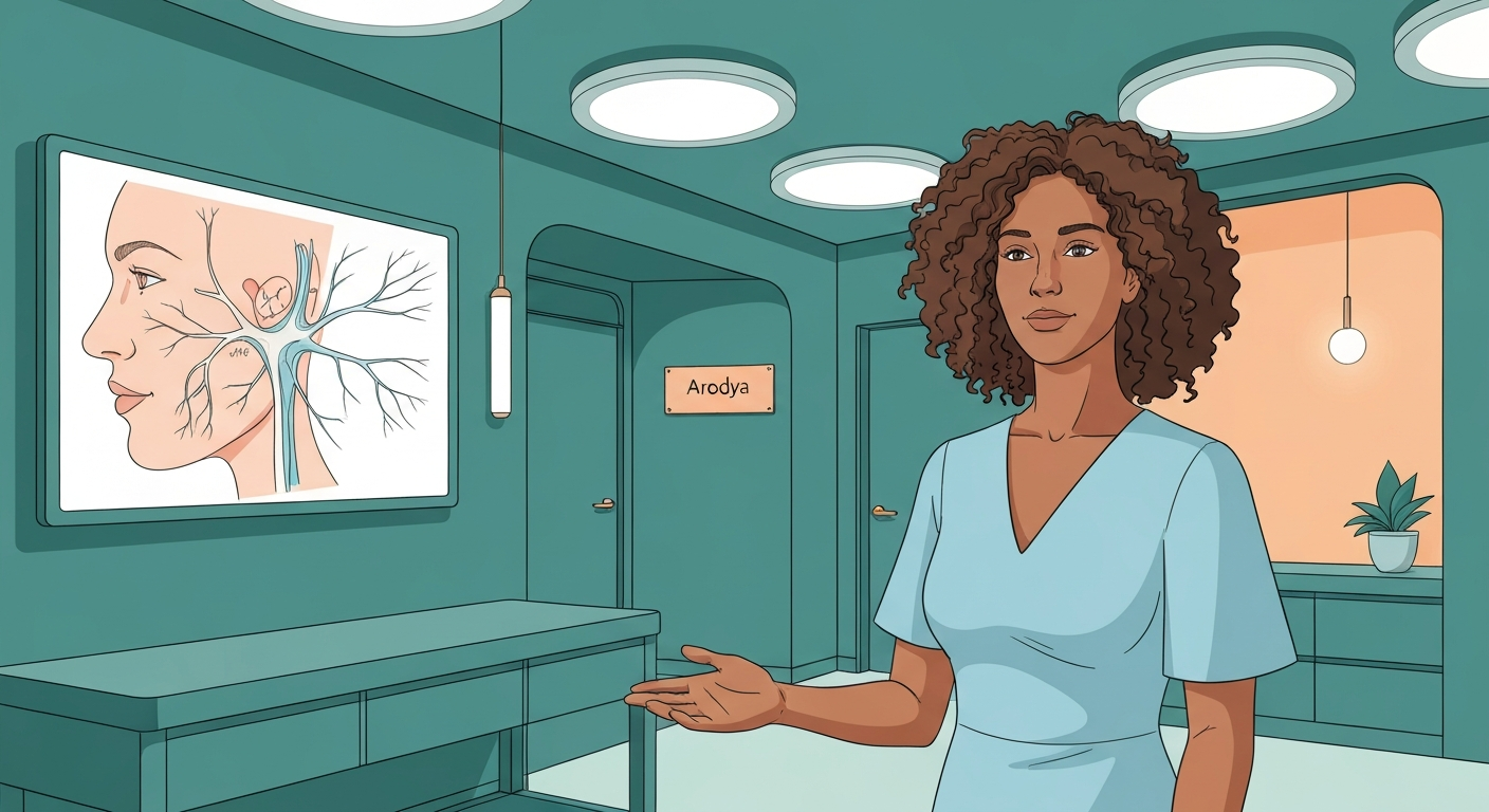 African patient consulting Indian facial nerve specialist with facial nerve anatomy diagram on screen in modern centre
