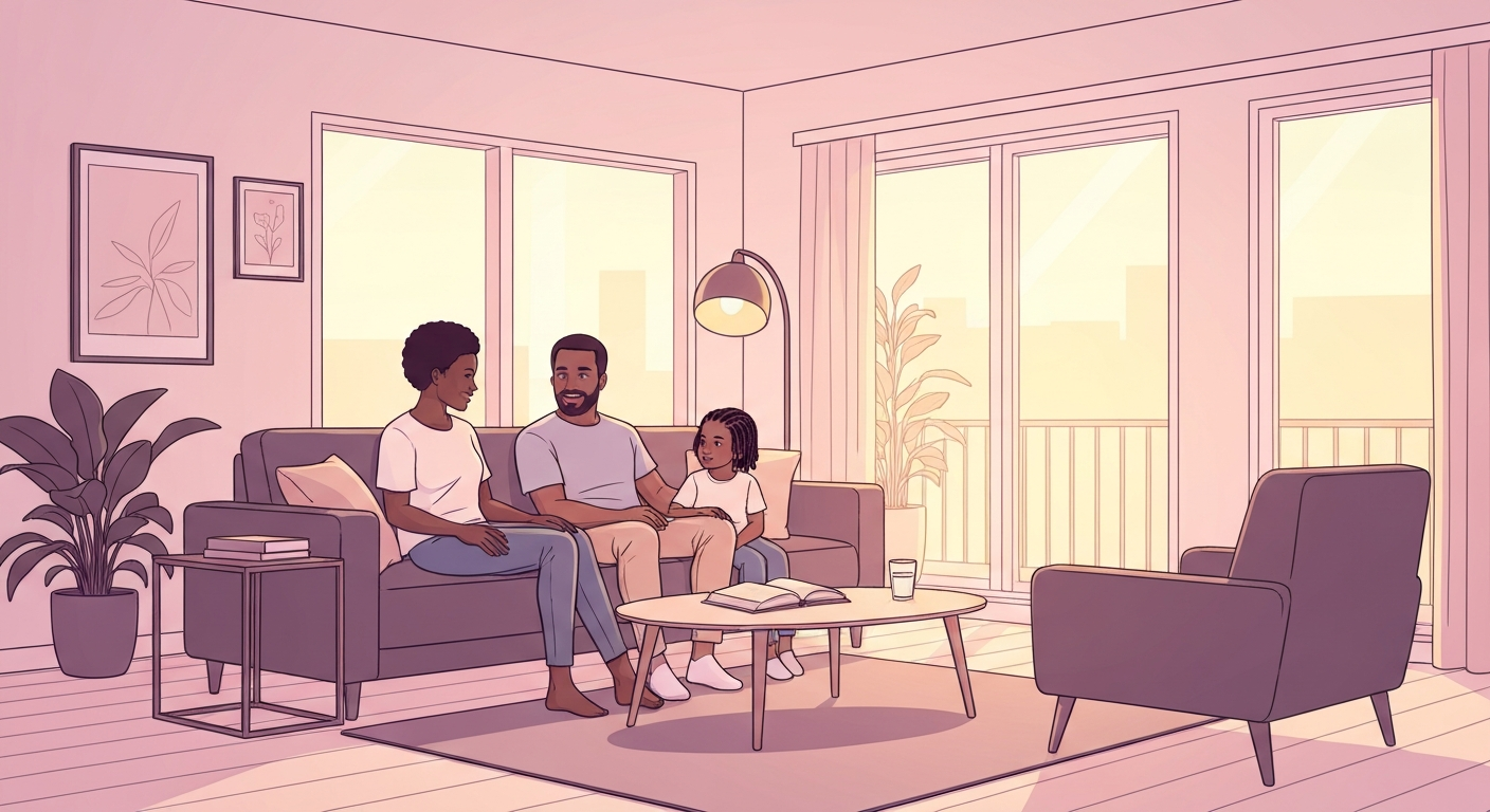 African family in Indian hospital family support centre with coordinator showing available services on board