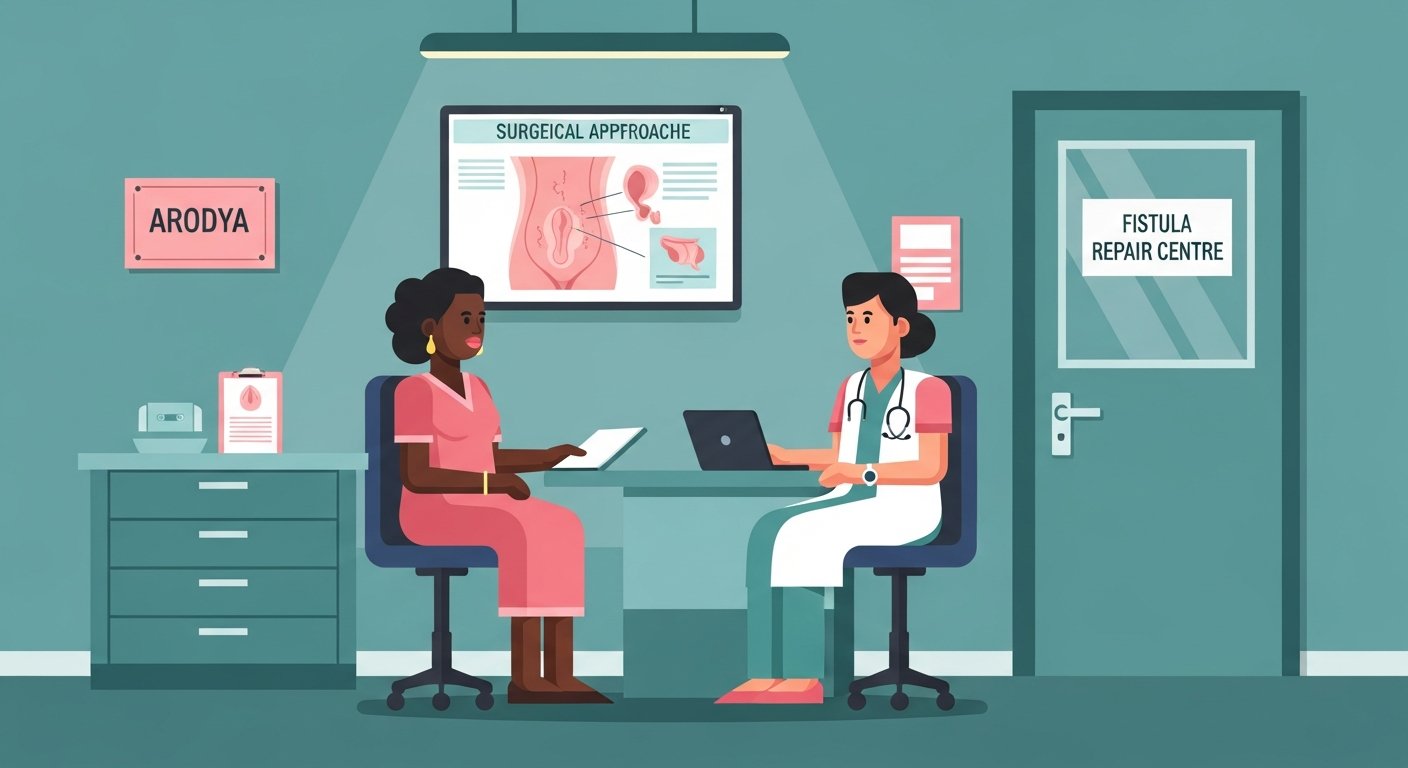 African woman patient consulting Indian fistula specialist in modern women's health centre in India