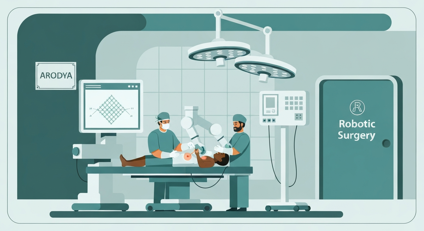 Indian robotic surgeon performing hernia repair with robotic arms visible and mesh implant diagram on screen in Indian surgical suite