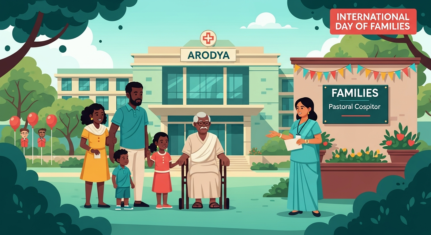 African family in Indian hospital family support garden with Indian pastoral care coordinator and Families Day decorations in warm teal and green garden