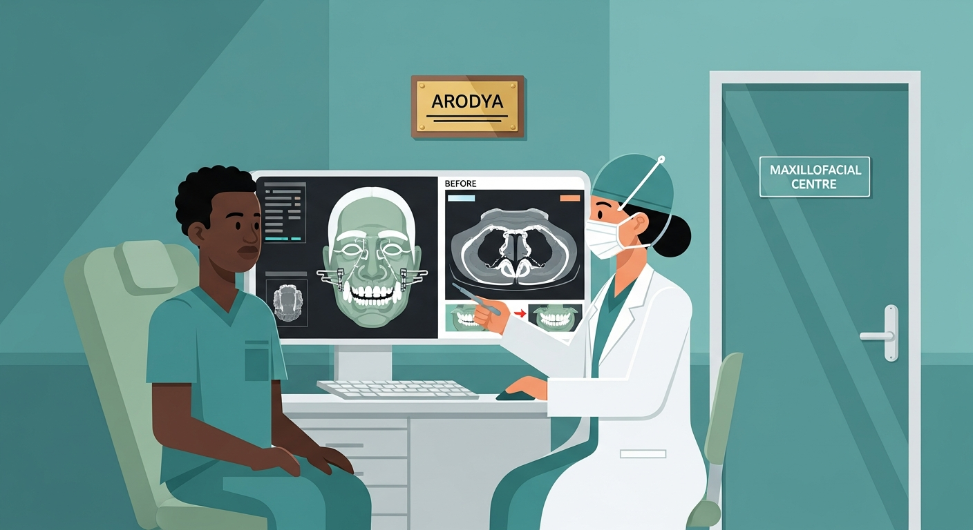 African patient in maxillofacial surgery consultation with Indian surgeon reviewing 3D facial CT scan showing jaw alignment