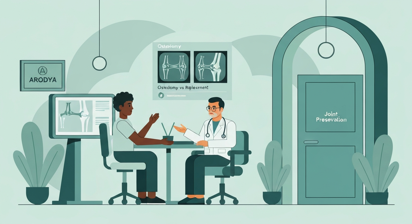 Young African patient in Indian orthopaedic consultation reviewing knee alignment X-rays and osteotomy versus replacement comparison