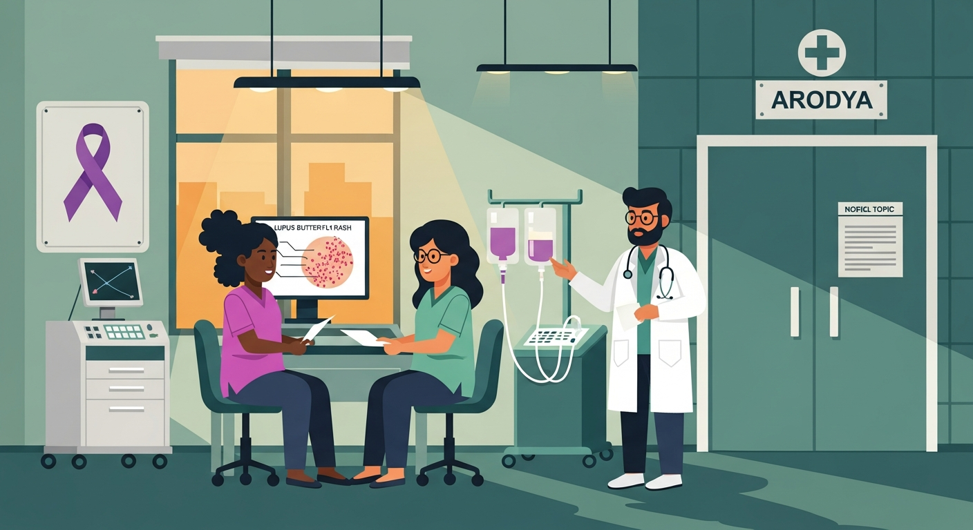 African woman patient consulting Indian rheumatologist in modern clinic with lupus butterfly rash diagram and biologic therapy infusion visible