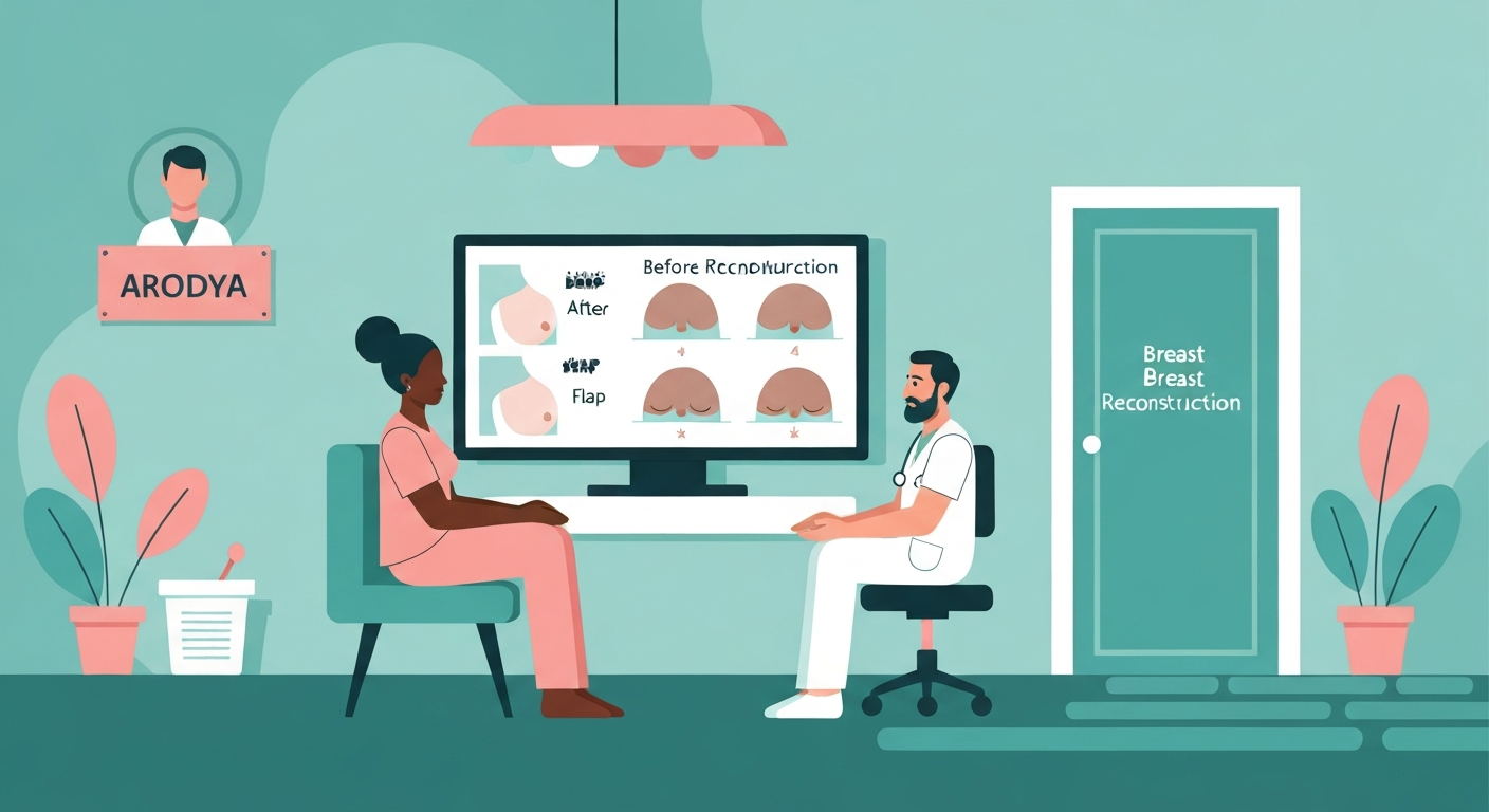 African woman in plastic surgery consultation with Indian reconstructive surgeon discussing breast reconstruction options