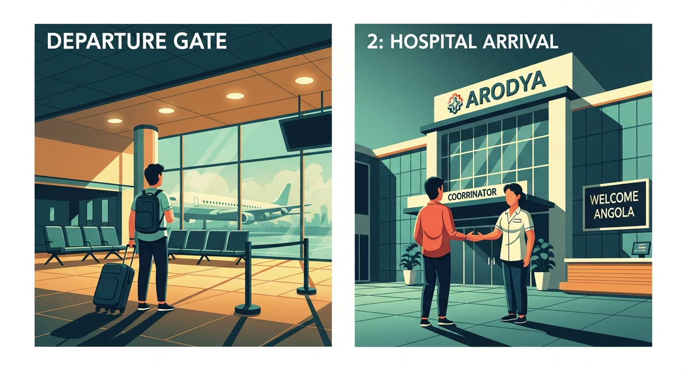Angolan traveler arriving at modern Indian hospital welcomed by Portuguese-speaking Arodya coordinator