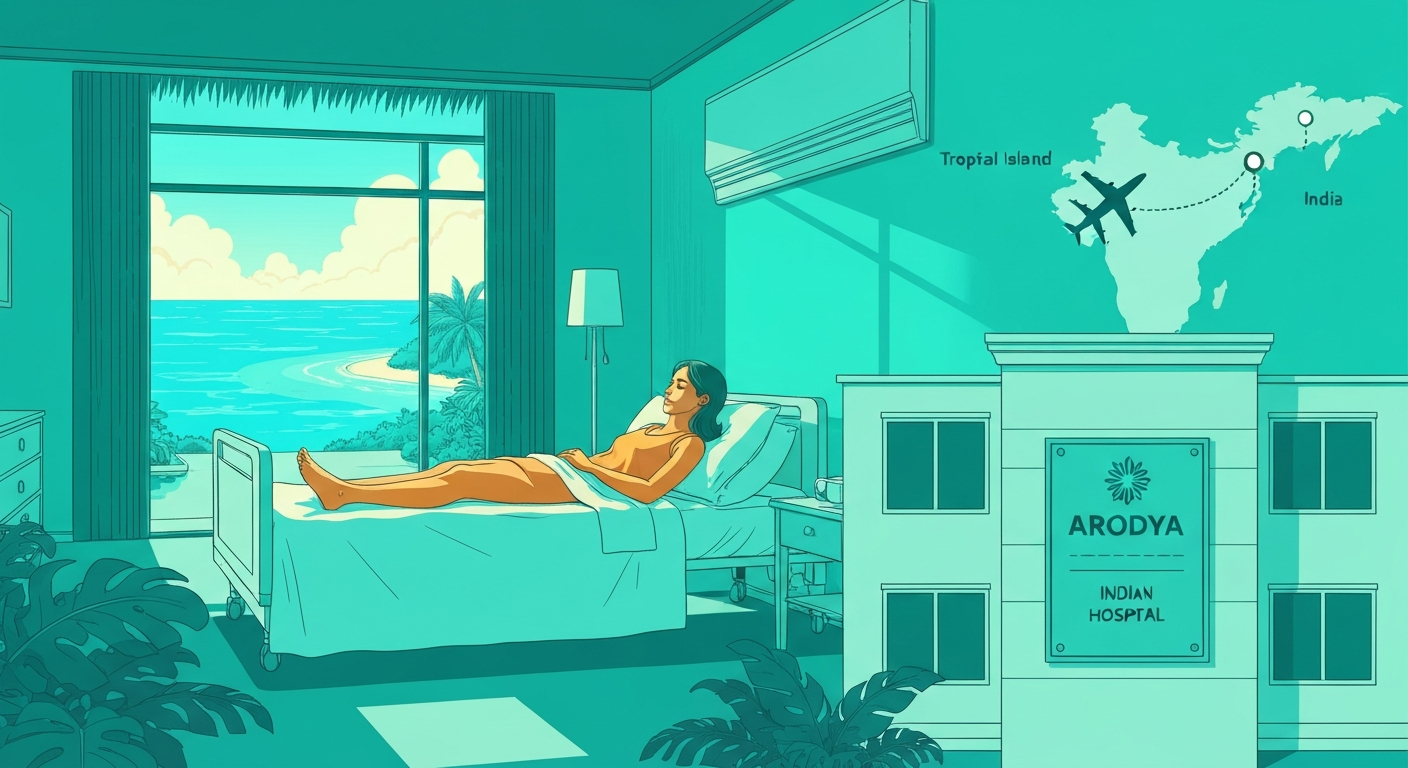 Island patient at tropical airport departure with ocean view, flight route map to India, Arodya coordinator welcoming at Indian hospital