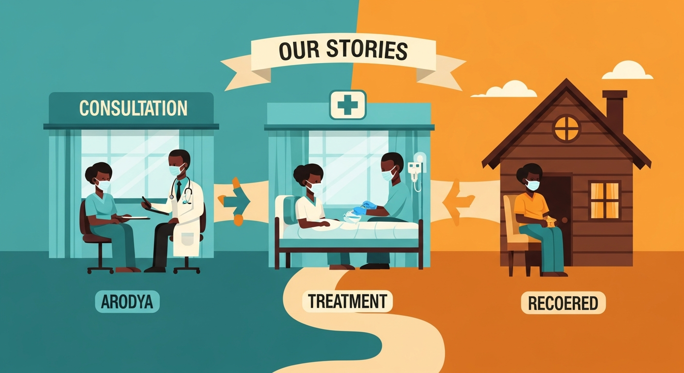 Three Ugandan patients shown at consultation, treatment, and recovered at home with journey path and Arodya branding