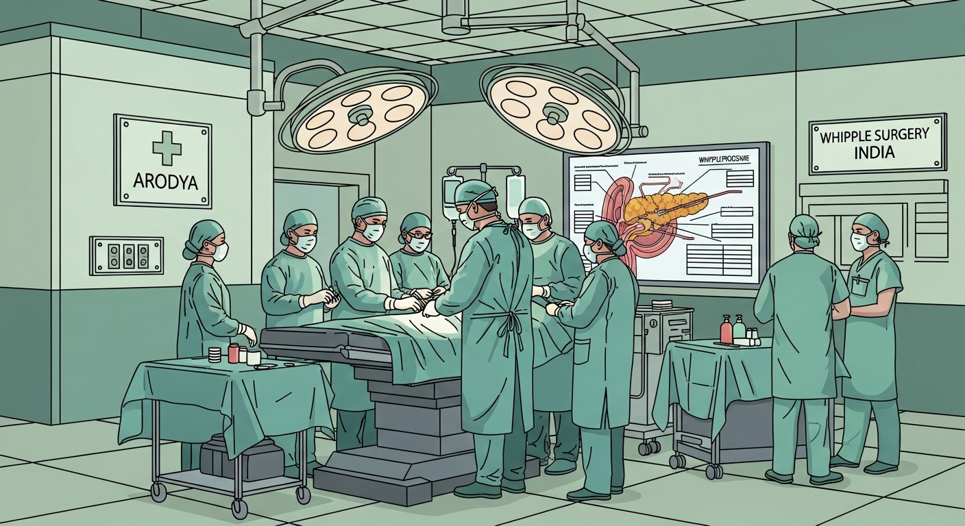 Indian hepatopancreatic surgeon at operating table with pancreatic anatomy diagram on screen during Whipple procedure in teal surgical suite