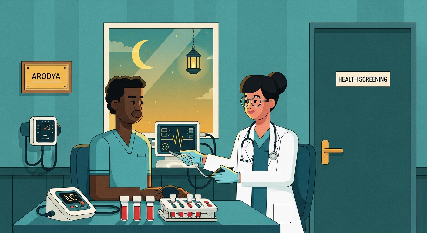 African patient in comprehensive health screening room with Indian physician monitoring blood pressure and lab results