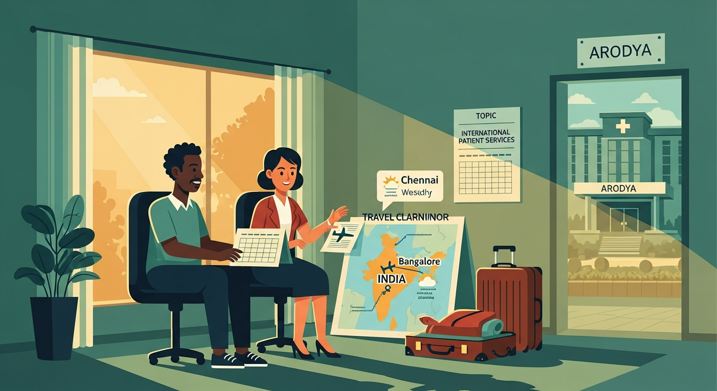 African patient and travel coordinator reviewing India medical travel calendar with city map in warm office