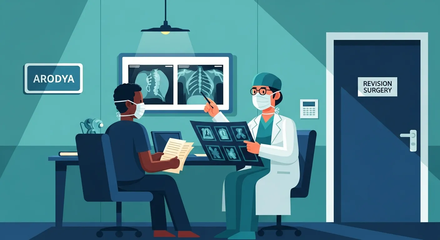 Experienced surgeon in Indian hospital reviewing complex revision surgery case on imaging screens