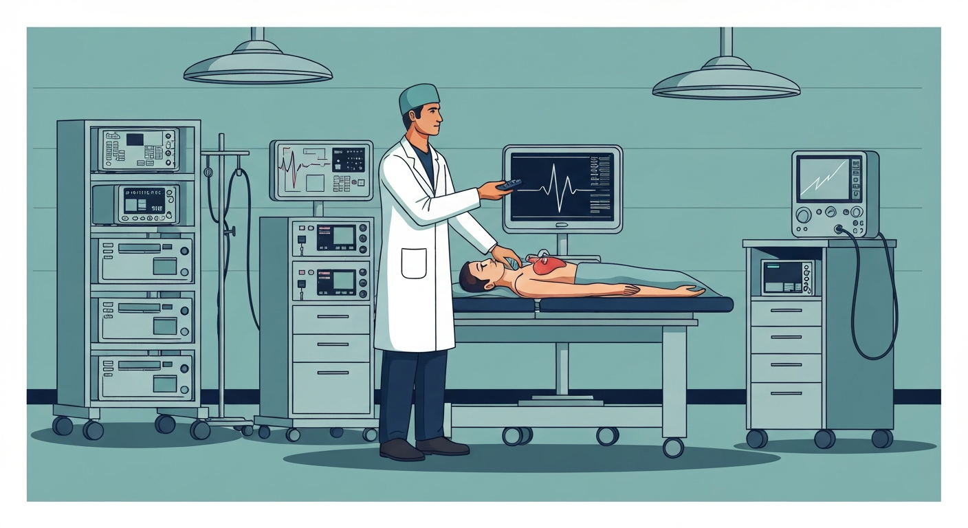 Indian interventional cardiologist at catheterisation lab screen showing heart defect closure for African patient
