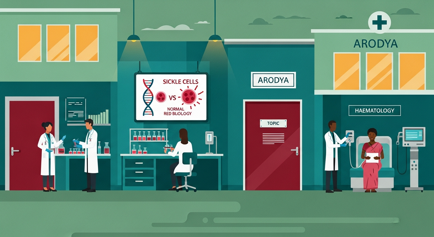 Indian gene therapy laboratory with scientists examining blood samples and African patient in haematology unit with sickle cell comparison diagram on wall screen
