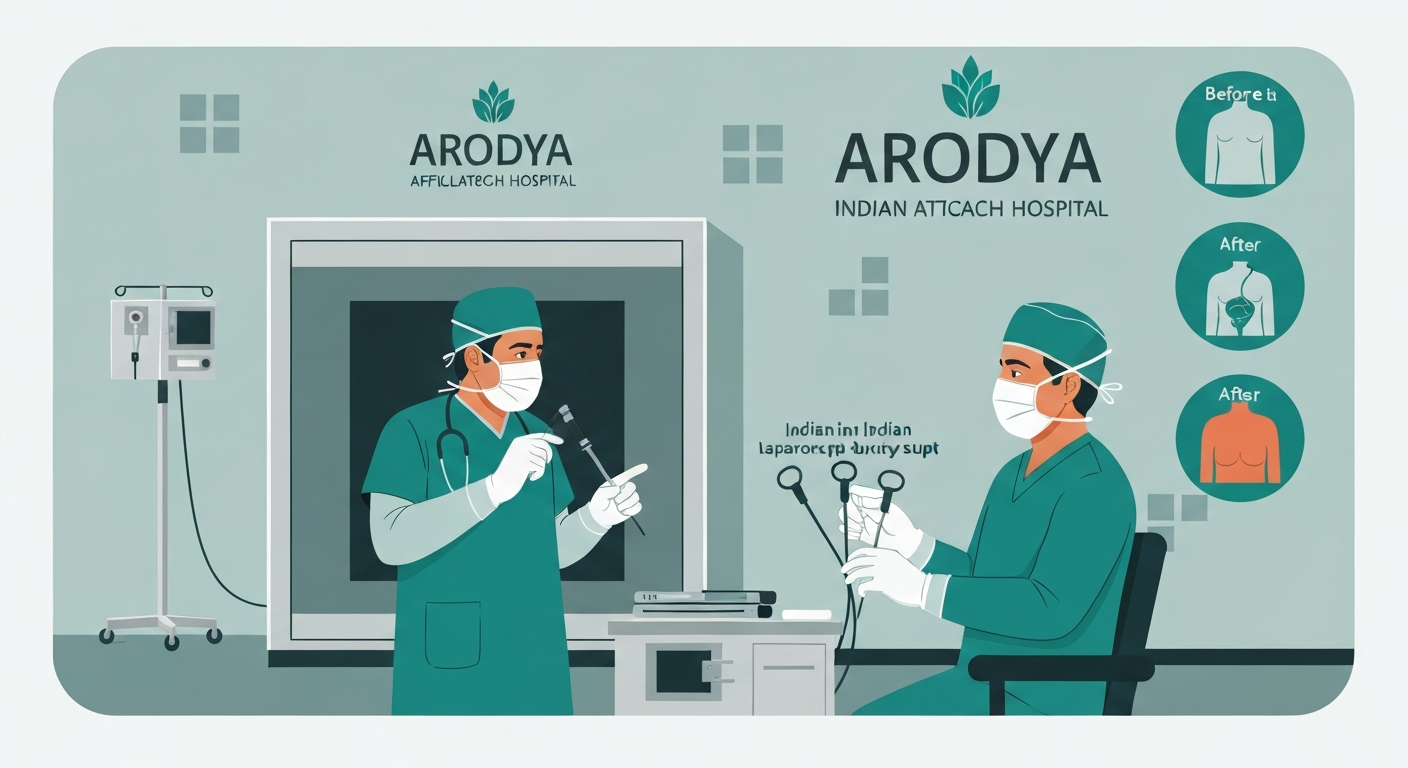 Indian laparoscopic surgical suite with SILS port instrument setup, Indian laparoscopic surgeon demonstrating technique, before/after incision comparison diagram, African patient in consultation