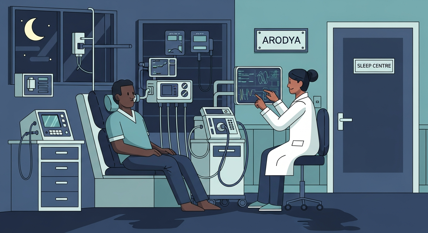 African patient in sleep study room with monitoring equipment while Indian sleep specialist reviews polysomnography data