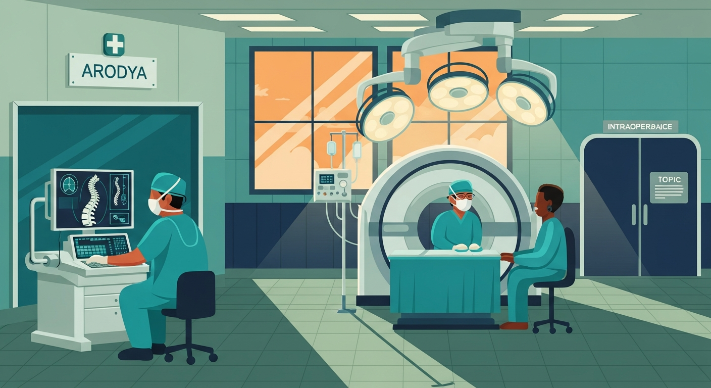 High-tech Indian neurosurgery suite with neural navigation system and neurosurgeon reviewing spinal anatomy on monitor