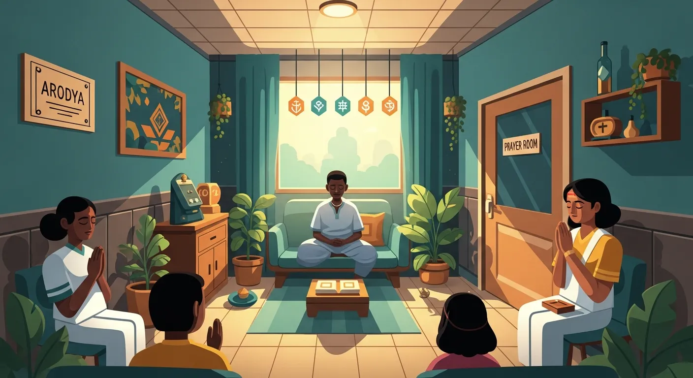 Peaceful multi-faith prayer room in modern Indian hospital with natural light and comfortable seating