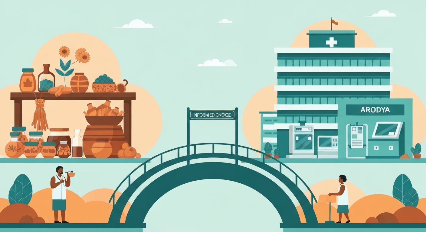 Balanced illustration showing traditional healing herbs on left and modern Indian hospital on right with African patient making informed choice at centre