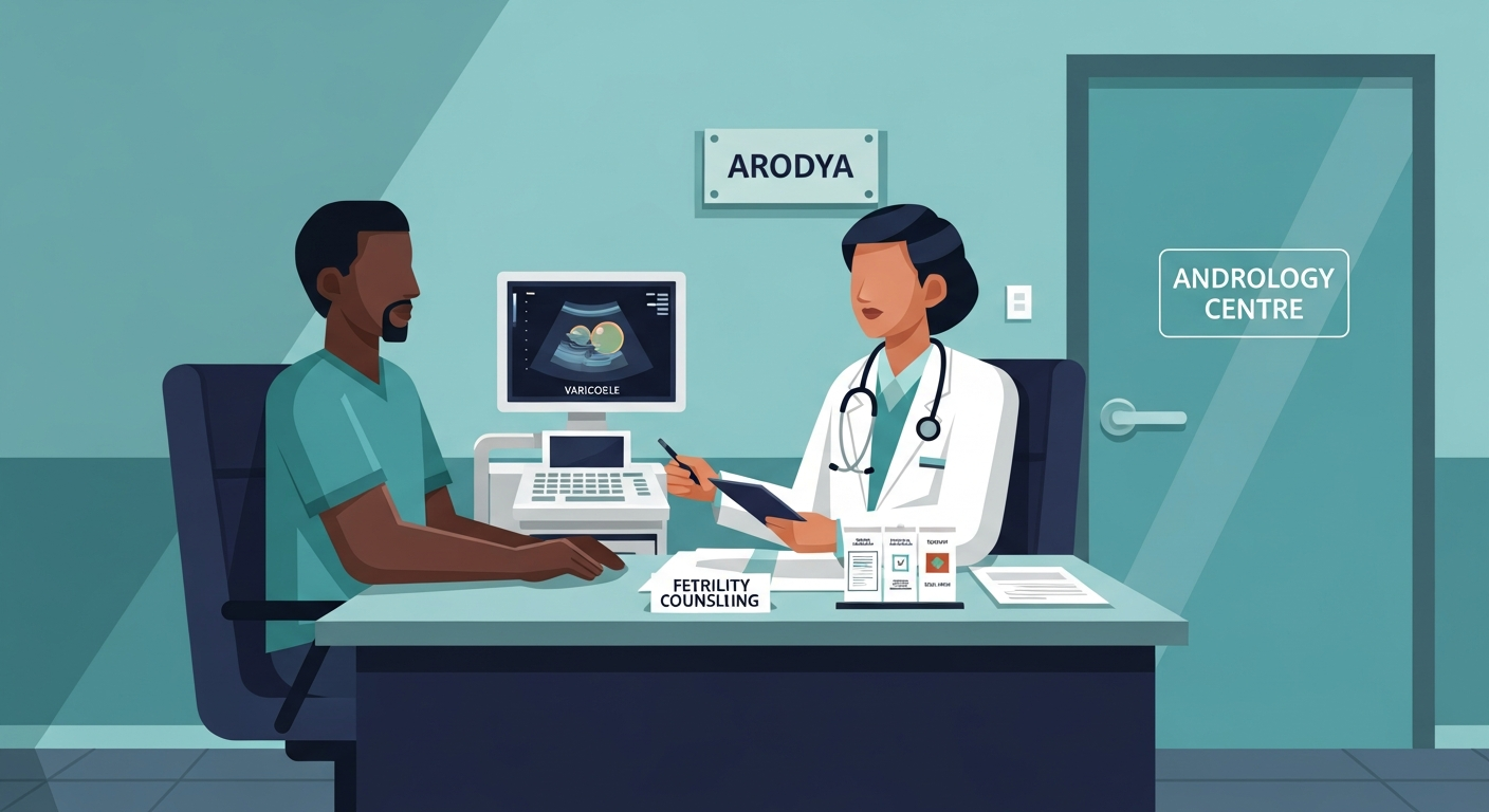 African male patient consulting Indian urologist about varicocele treatment with ultrasound screen in modern clinic