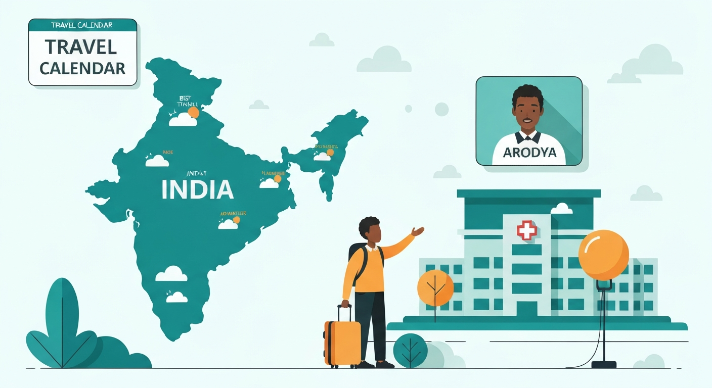India map with seasonal weather icons and best travel months highlighted with African traveler considering travel dates