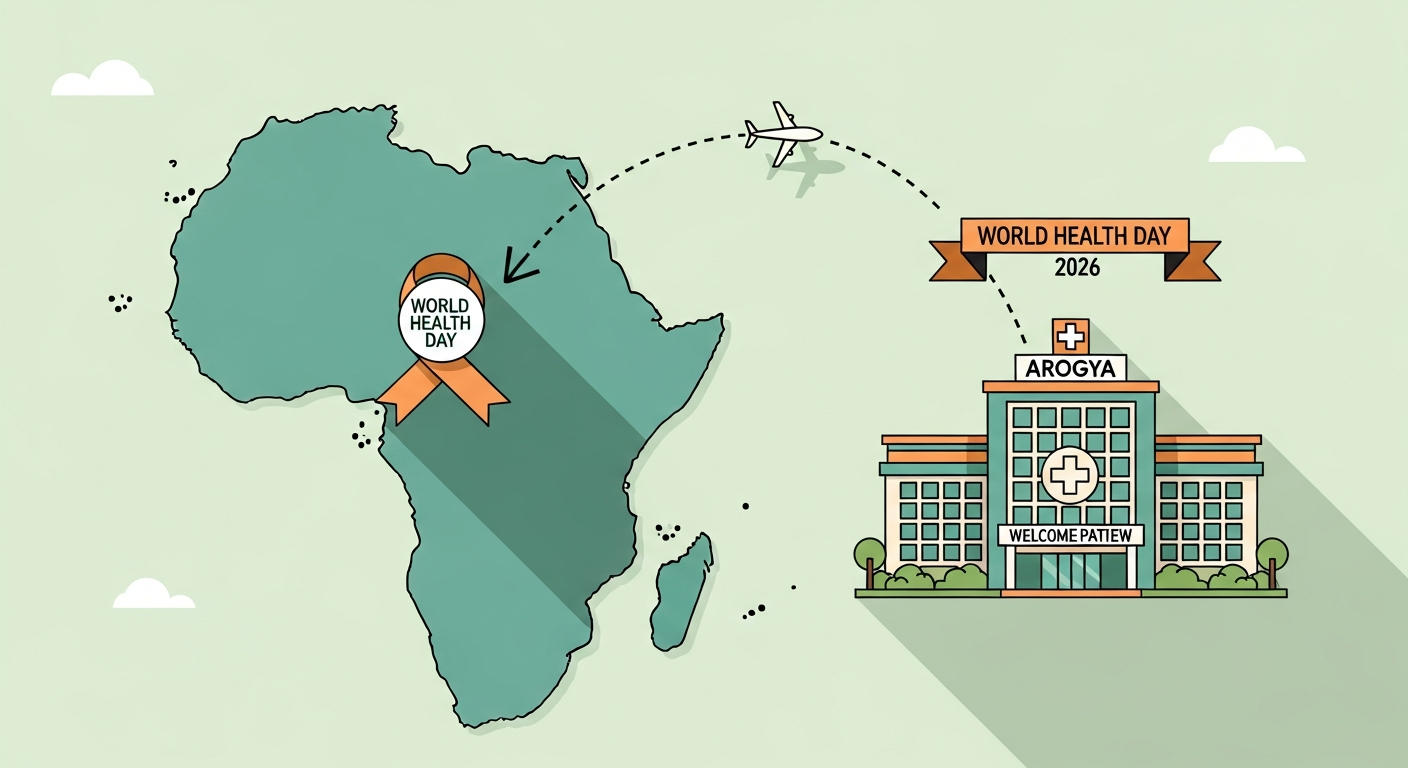 Globe showing Africa-India flight path with World Health Day ribbon and Indian hospital welcoming African patients
