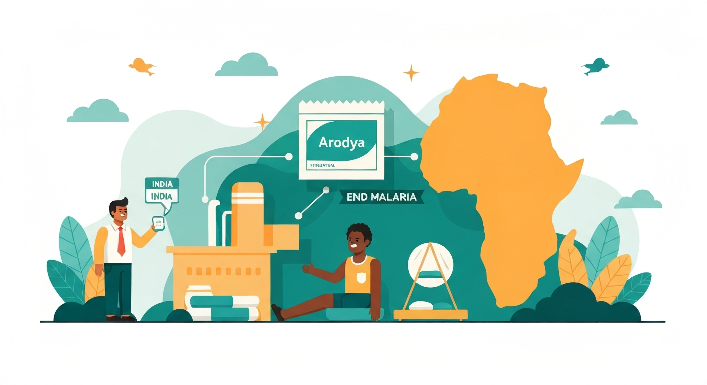 World Malaria Day illustration connecting India antimalarial medicine supply chain to African patient receiving treatment